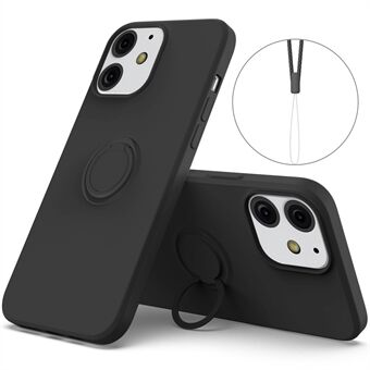 360° roterende Ring Drop-bestandig miljøvennlig flytende silikontelefon beskyttelsesveske Shell med praktisk stropp for iPhone 13 mini - Svart