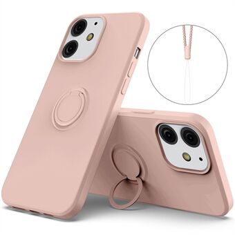 360° roterende Ring Drop-bestandig miljøvennlig flytende silikontelefon beskyttelsesveske Shell med praktisk stropp for iPhone 13 mini - Rosa