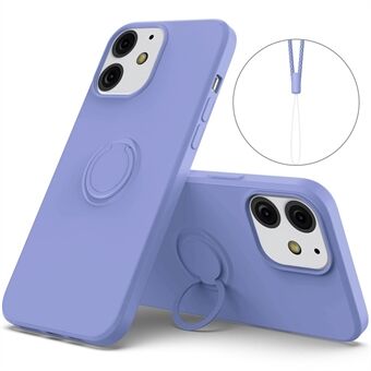 360° Roterende Ring Stativ Design Drop-resistent miljøvennlig, flytende silikon telefonbeskyttelsesveske Shell med praktisk stropp for iPhone 13 mini 5,4 tommer