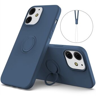 360° roterende Ring Drop-bestandig miljøvennlig, flytende silikontelefonbeskyttelsesveske Shell med praktisk stropp for iPhone 13 mini - midnattsblå