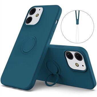 360° roterende Ring Drop-bestandig miljøvennlig, flytende silikontelefonbeskyttelsesveske Shell med praktisk stropp for iPhone 13 mini - Marineblå 