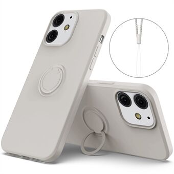 360° roterende Ring Drop-bestandig miljøvennlig, flytende silikontelefonbeskyttelsesveske Shell med praktisk stropp for iPhone 13 mini - Grå