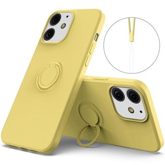 360° roterende Ring Drop-bestandig miljøvennlig flytende silikontelefonbeskyttelsesveske Shell med praktisk stropp for iPhone 13 mini - gul