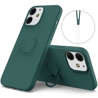 360° roterende Ring Drop-bestandig miljøvennlig, flytende silikontelefonbeskyttelsesveske Shell med praktisk stropp for iPhone 13 mini - Svart Grønn