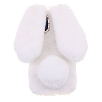 Bling Rhinestone Decor 3D Bunny Ears Soft Furry TPU Bumper Protective Skin Cover for iPhone 13 mini - Hvit