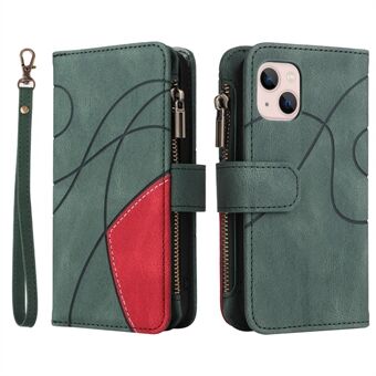 KT Multi-function Series-5 for iPhone 13 mini 5.4 inch Bi-color Splicing Shockproof Cover Zipper Pocket Multiple Card Slots Leather Mobile Phone Case