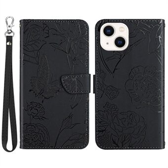 For iPhone 13 mini 5.4 inch Fashionable PU Leather Case Supporting Stand Skin-touch Feeling Butterfly Flower Pattern Imprinted Flip Wallet Phone Cover with Wrist Strap