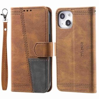 TTUDRCH For iPhone 13 mini 5.4 inch 004 Skin-touch Wallet Stand Phone Case Splicing PU Leather RFID Blocking Cover Protector with Strap