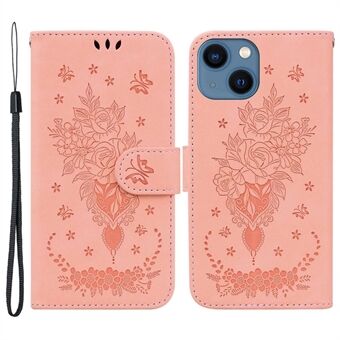 For iPhone 13 mini 5.4 inch Anti-scratch Phone Cover Imprinting Roses Butterflies Pattern Shockproof Leather Full Coverage Anti-drop Phone Case Wallet Stand