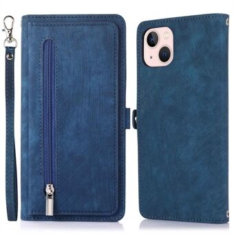 For iPhone 13 mini 5,4 tommers lommebokveske i PU-skinn Multifunksjonelt 9-kortspor Stand Beskyttende deksel med glidelåslomme og håndleddsstropp
