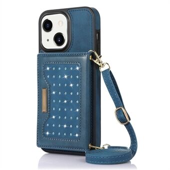For iPhone 13 mini 5,4 tommers Kickstand Telefonveske Rhinestone Decor Lommebok RFID-blokkerende PU-skinn + TPU-deksel med skulderstropp
