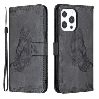 Imprint Sommerfuglblomstmønster PU-lommebok skinn Magnetisk Stand Støtsikkert deksel med stropp for iPhone 13 Pro Max 6,7 tommer