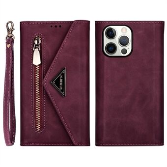 Stand Stilig lommebokstativ i skinn med glidelås Telefonveske med to stropper for iPhone 13 Pro Max 6,7 tommer
