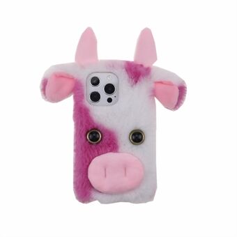 Søt 3D Funny Cartoon Milk Cow Håndlaget Fluffy Furry Plysj Mykt Fleksibelt TPU-deksel til iPhone 13 Pro Max 6,7 tommer