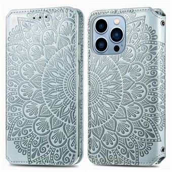 Mandala Flower Imprint Autoabsorbert skinn med full beskyttelsesdeksel med Stand for iPhone 13 Pro Max 6,7 tommer