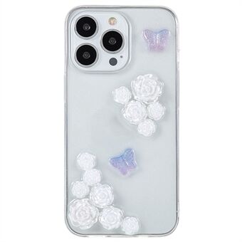 For iPhone 13 Pro Max 6.7 inch Scratch Resistant Epoxy TPU Phone Case, Artificial Pearls Decoration Transparent Phone Back Shell