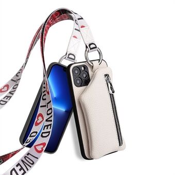 For iPhone 13 Pro Max 6,7 tommer avtakbar lommebok fallsikker PU-skinnbelagt TPU-telefonveske Glidelåslomme Beskyttelsesdeksel med snor