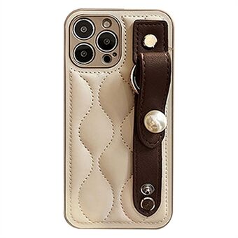 For iPhone 13 Pro Max 6,7 tommer Anti-fall Rhombus Texture PU Lærbelagt PC Hard Case Bakdeksel med Faux Pearl Armbånd
