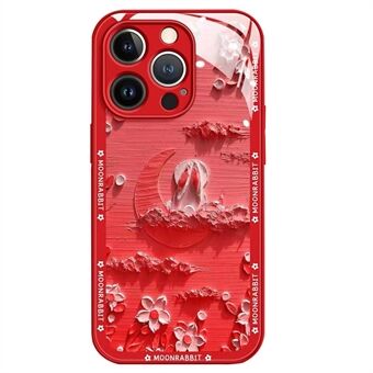For iPhone 13 Pro Max 6,7 tommer Anti-drop bakdeksel Moon og kanin oljemaling herdet glass + TPU telefondeksel
