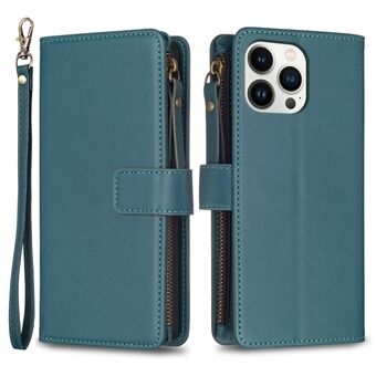 BF Style-19 Glidelås Lommebok Lærveske for iPhone 13 Pro Max, Flip Stand Ensfarget telefondeksel med stropp