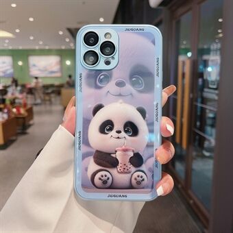 For iPhone 13 Pro Max Milk Tea Panda mønsterutskrift Anti-dråpe herdet glass+TPU-deksel Telefondeksel med linsefilm