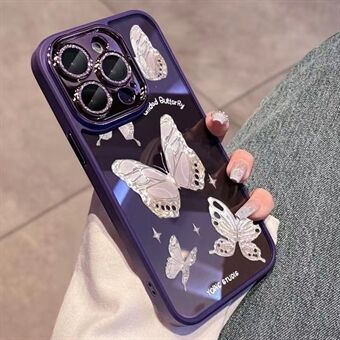 For iPhone 13 Pro Max Støvtett Glass+TPU telefonveske Platinum Butterfly Glitrende Powder Decor Shell