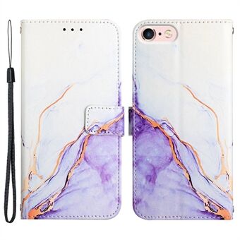 YB Pattern Printing Series-5 for iPhone SE (2022)/SE (2020)/8/7 4.7 inch Marble Pattern Wallet Cover PU Leather Stand Function Protective Phone Case with Strap