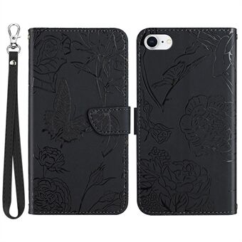For iPhone SE (2022)/SE (2020)/8/7 4.7 inch Leather Phone Cover Stand Skin-touch Feeling Butterfly Flower Pattern Imprinted Pattern Flip Wallet with Wrist Strap