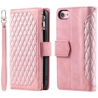 005 Style for iPhone 7 / iPhone 8 / iPhone SE 2020/2022 4,7 tommers Rhombus Texture Leather Stand med stropp, glidelås lomme lommebok beskyttende telefondeksel