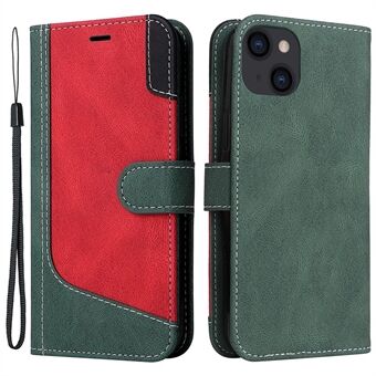 Tre-farget skjøting Støtsikkert telefondeksel for iPhone 14 6,1 tommer, Stand lommebok PU-skinnveske med stropp