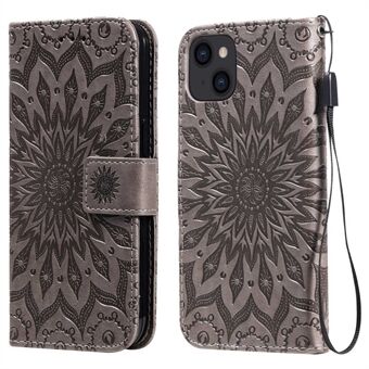 KT Imprinting Flower Series-1 for iPhone 14 6,1 tommer Anti-drop Flip Wallet Case Stand Sunflower Imprinting PU Leather Phone Protective Cover with Strap