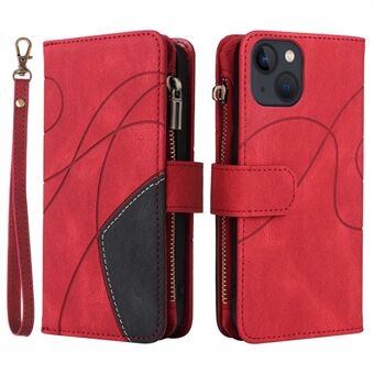 For iPhone 14 6,1 tommer støtsikker fargespleising PU- Stand 9-korts design Flip-glidelås lommebok telefonveske med håndleddsstropp