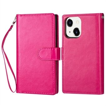 For iPhone 14 6,1 tommers avtakbart lommebokdeksel 9 kortspor Holder PU- Stand Flip Magnetisk beskyttelsesdeksel med håndleddsstropp