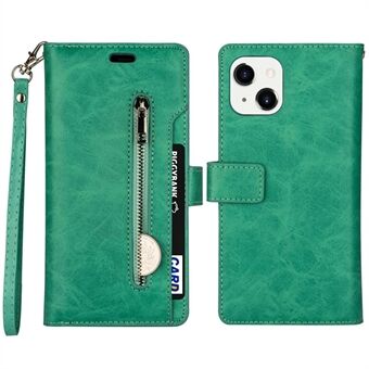 For iPhone 14 6,1 tommers multifunksjonelt lommebokdeksel PU-skinn Stand Glidelåskortholder Telefondeksel med stropp