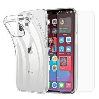 For iPhone 14 6,1 tommer Super Clear TPU Ultratynn anti-støv telefondeksel med 2,5D Arc Edge skjermbeskytter i herdet glass