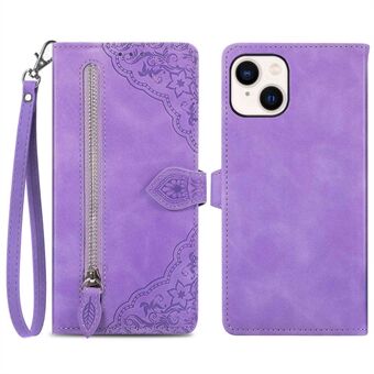 For iPhone 14 6,1 tommers glidelåslomme påtrykt telefonveske i skinn Sammenleggbart Stand lommebok-flipdeksel