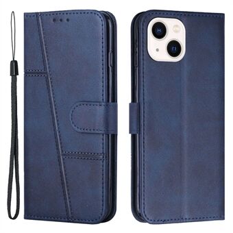 Stitching Phone Case for iPhone 14 6,1 tommer, lommebokstativ Stand -skinndeksel, indre TPU-skall med stropp