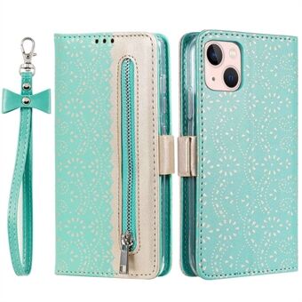 For iPhone 14 6,1 tommers lommebokveske med glidelås Blondeblomstmønster Helt innpakket PU-skinnsløyfe håndleddsstativ Stand