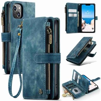 CASEME C30 Series Multiple Card Slots Veske for iPhone 14 6,1 tommer, lommebok med glidelås PU- Stand Telefondeksel med stropp
