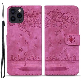 Cherry Blossom Cat Imprinted Case for iPhone 14 6,1 tommer, Stand PU-skinn Anti-slipp telefonlommebokdeksel med stropp