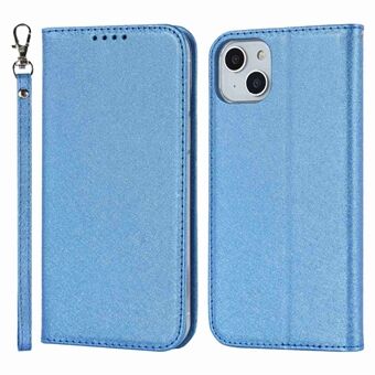 For iPhone 14 6,1 tommers PU-skinn Silketekstur Anti-slitasje Telefonveske Stand Anti-sjokk lommebokskall med håndleddsstropp
