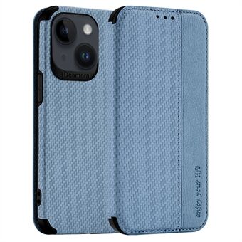 Mobilveske for iPhone 14, full beskyttelse karbonfibertekstur PU-skinn lommebokdeksel med sugekopplukking