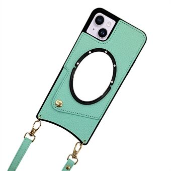 For iPhone 14 Fish Tail Design Speil Funksjon PU-skinnbelagt TPU-veske Kortholder Telefonskall med skulderstropp