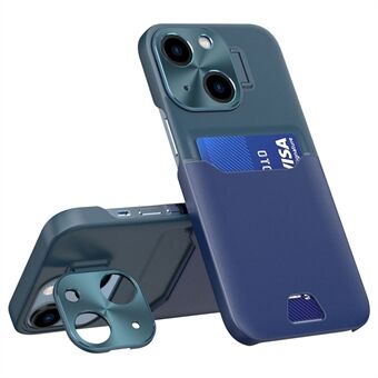 For iPhone 14 PU-skinn+PC-telefon Anti-slipp-dekselkortspordesign Bakdeksel med metalllinseramme Stativ