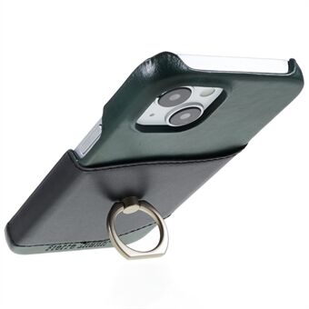 FIERRE SHANN Beskyttelsesveske for iPhone 14 Ring Stativ ekte lær+PU-skinn+PC-telefon fallsikkert deksel med kortspor