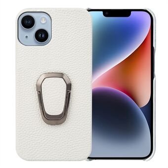 For iPhone 14 Ring Kickstand Telefonveske Litchi Texture Ekte skinnbelagt PC-beskyttelsesdeksel