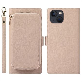 2-i-1 lommeboktelefonveske for iPhone 14 Støtsikkert deksel Litchi Texture Magnetisk PU- Stand med glidelåskortveske / stropp