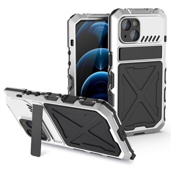 R-JUST telefondeksel Kickstand for iPhone 14 Silikon + metalltelefondeksel med skjermbeskytter i herdet glass