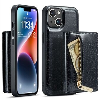 DG.MING M3-serien for iPhone 14 2-i-1 avtagbar støtsikker telefonveske Glitrende lommebok med glidelås Magnetisk bakdeksel Stativ
