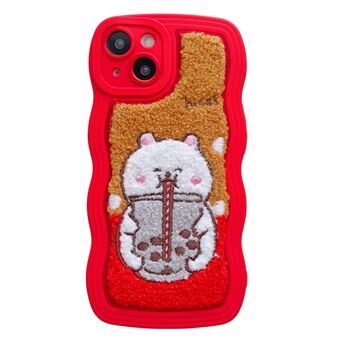 Milk Tea Animal Pattern Brodery Phone Case for iPhone 14, TPU + PC Wavy Edge Soft Fluffy Plysj bakdeksel